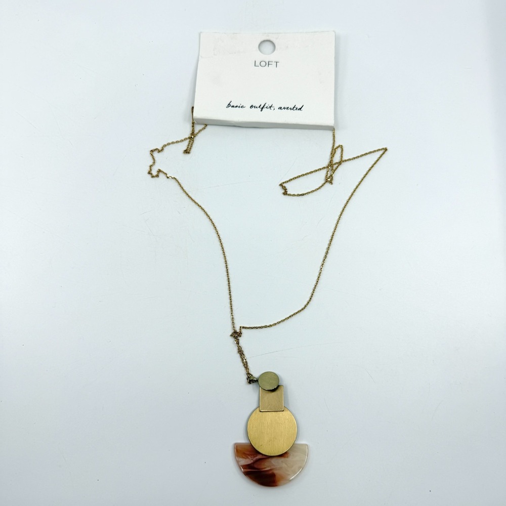 LOFT Gold Tone Geometric Statement Necklace Cream Marbled Resin Pendant Boho